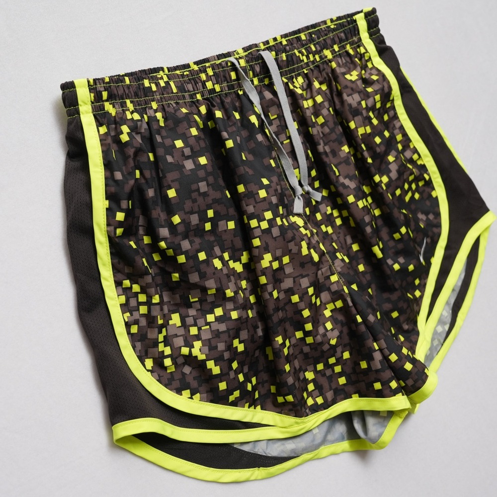 Nike Dri-Fit Running Shorts Women M Brown Yellow Digital Pixel Print Drawstring - Picture 3 of 11